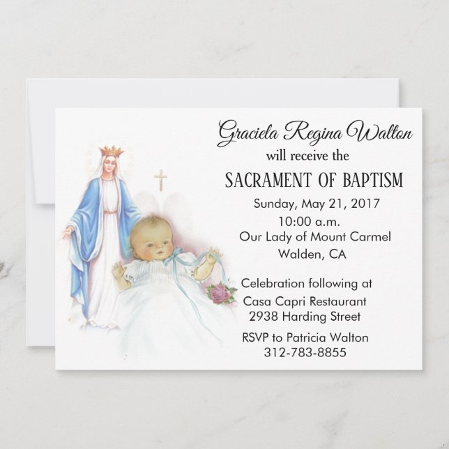Baptismal Baby Girl Vintage Virgin Mary Invitation (Front)