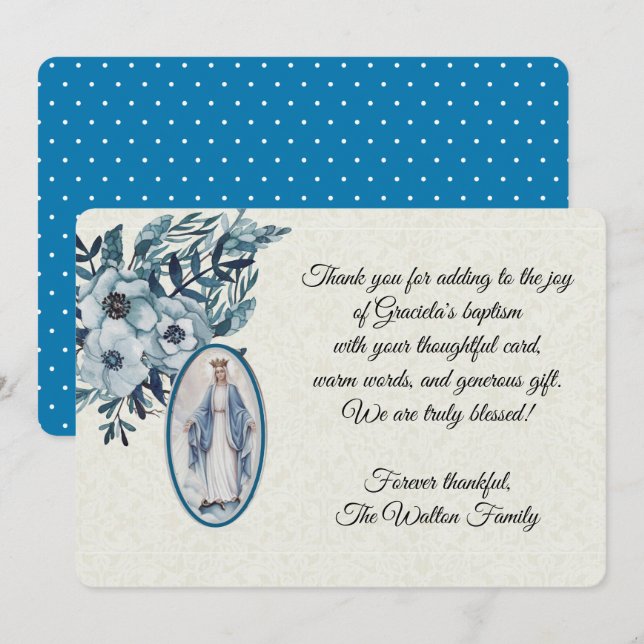 Baptismal Baby Virgin Mary Blue Flowers Invitation (Front/Back)
