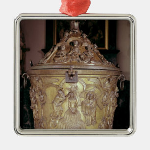 Baptismal font showing metal tree decoration