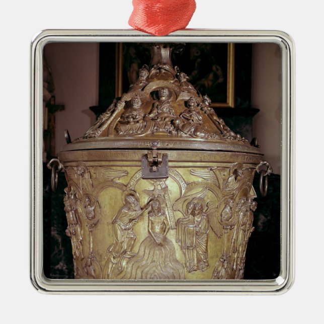 Baptismal font showing metal tree decoration (Front)