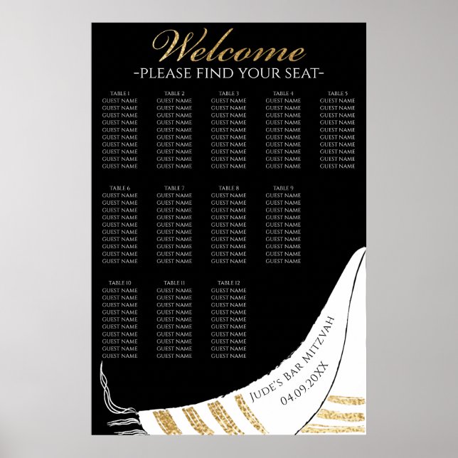 Bar an Bat Mitzvah Gold Black Tallit Seating Chart (Front)