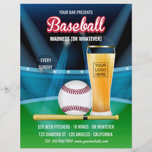 Bar Baseball Event Promo Menu add photo and logo (Front)