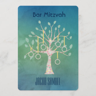 Bar Bat Bnai Tree of Life Mitzvah Watercolor Blue Invitation
