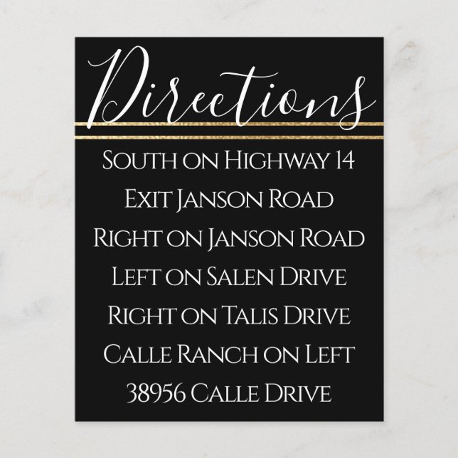 Bar Bat Mitzvah Elegant Gold Black Direction Card (Front)