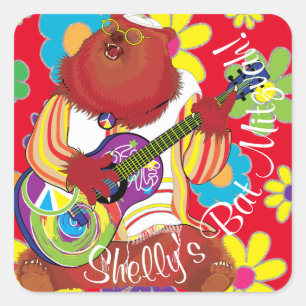 Bar Bat Mitzvah Hippie Flowery Bear Square Sticker