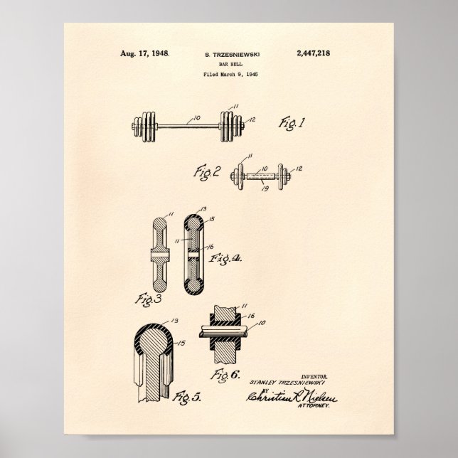 Bar Bell 1948 Patent Art Old Peper Poster (Front)
