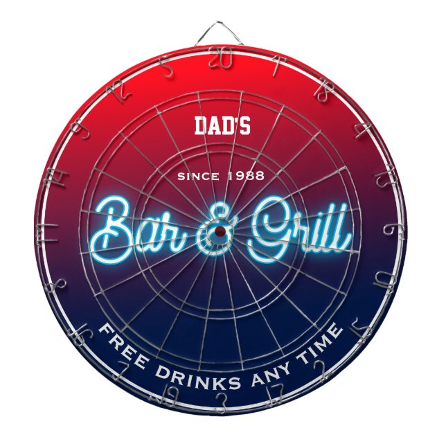 Bar & Grill Dad's Any Name Red Blue Funny Slogan Dartboard (Front)