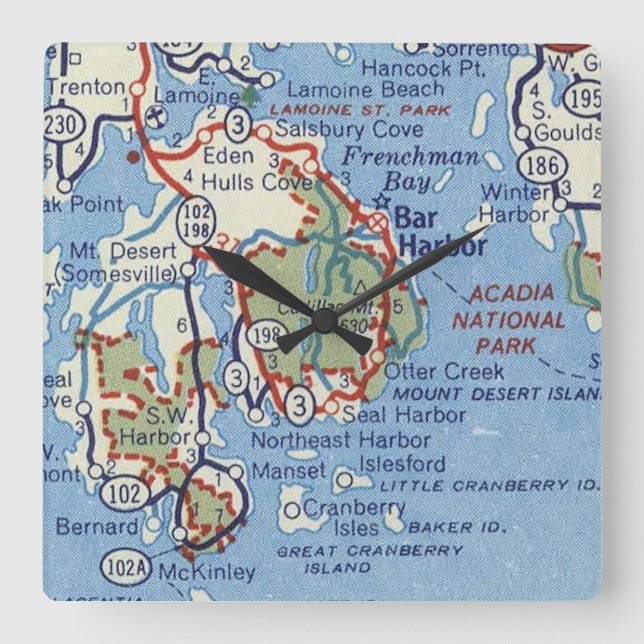 Bar Harbor and Acadia National Park Map Square Wall Clock (Front)