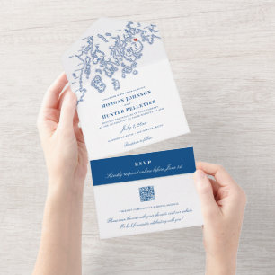 Bar Harbour Elegant Navy QR Wedding All In One Invitation