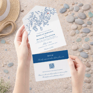 Bar Harbour Elegant Navy QR Wedding All In One Invitation