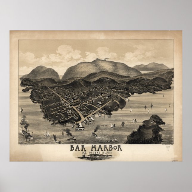 Bar Harbour Maine 1886 Antique Panoramic Map Poster (Front)
