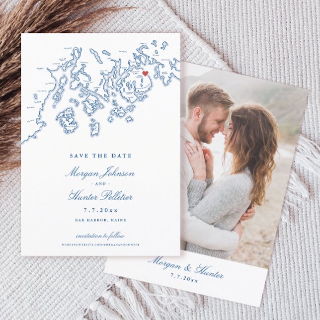 Bar Harbour Maine Map Navy Blue Photo Save The Date (Bar Harbor Maine Map Elegant 5x7 Photo Save the Date in navy blue from Penobscot Bay Shop)