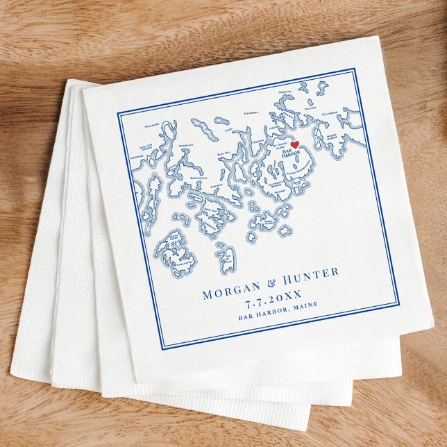 Bar Harbour Maine Map Navy Elegant Wedding Napkin (Bar Harbor Maine Map Wedding Napkins in Elegant Navy blue with Penobscot Bay by Coastal Map Designs)