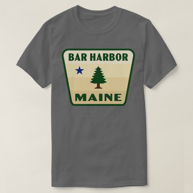 Bar Harbour Maine Retro Pine Tree Badge Tan T-Shirt (Design Front)