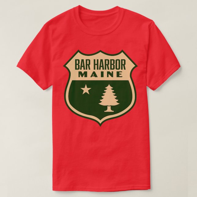 Bar Harbour Maine Retro Pine Tree Shield Tan T-Shirt (Design Front)