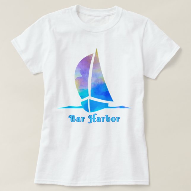 Bar Harbour Maine Watercolor Ocean Sailboat T-Shirt (Design Front)