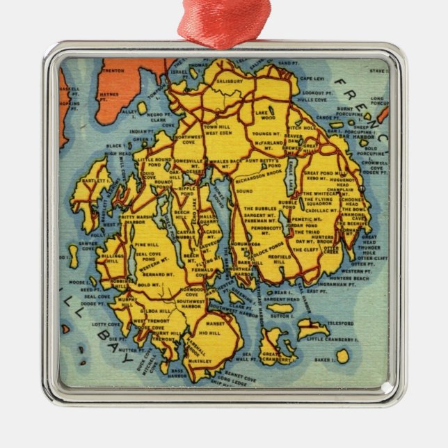 Bar Harbour Mt Desert Map Metal Tree Decoration (Front)