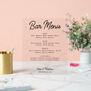 Bar Menu Alcohol Drinks Wedding Minimalist Acrylic Sign