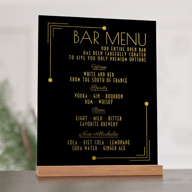Bar Menu Art Deco 1920s Wedding Drinks Acrylic Sign (Gatsby Wedding? Need a fancy bar menu? Just add your drinks to this one!)