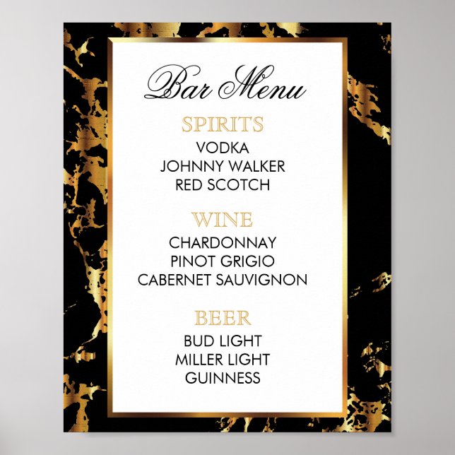 Bar Menu -  Black and Gold Marble and Black Poster (Front)