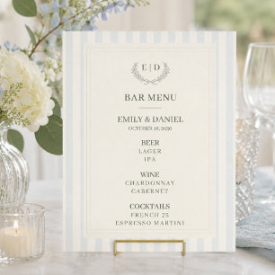 Bar Menu Blue & Sage Striped Monogram Wedding Poster