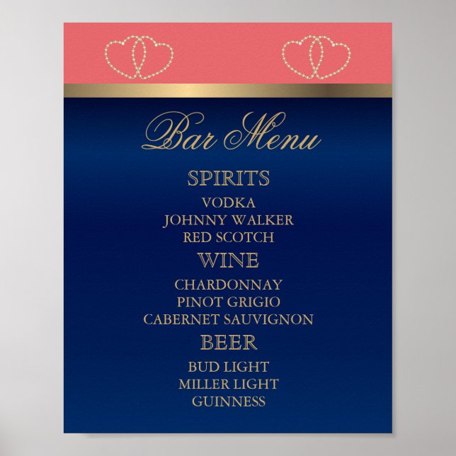 Bar Menu - Coral and Navy Blue with Gold Hearts Poster (Front)