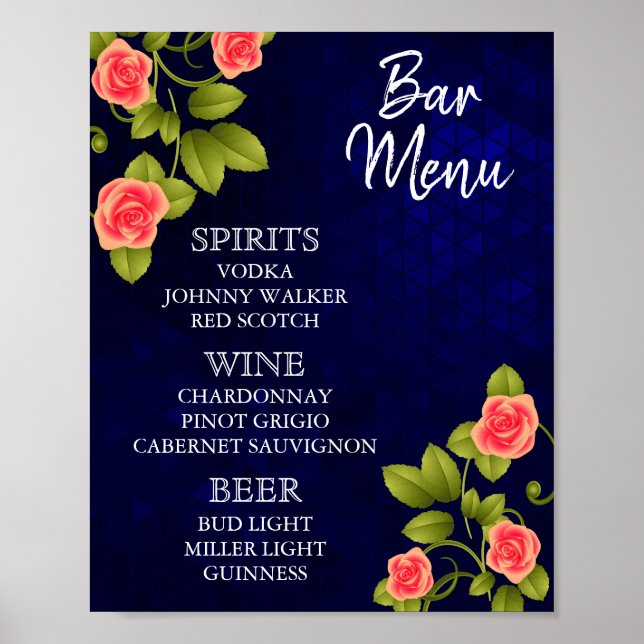 Bar Menu - Dark Blue and Coral Rose Flower Poster (Front)