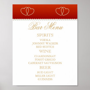 Bar Menu - Deep Red and White with Gold Hearts Poster