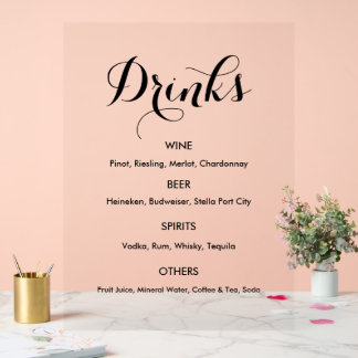 Bar Menu Drinks Wedding Party Elegant Acrylic Sign