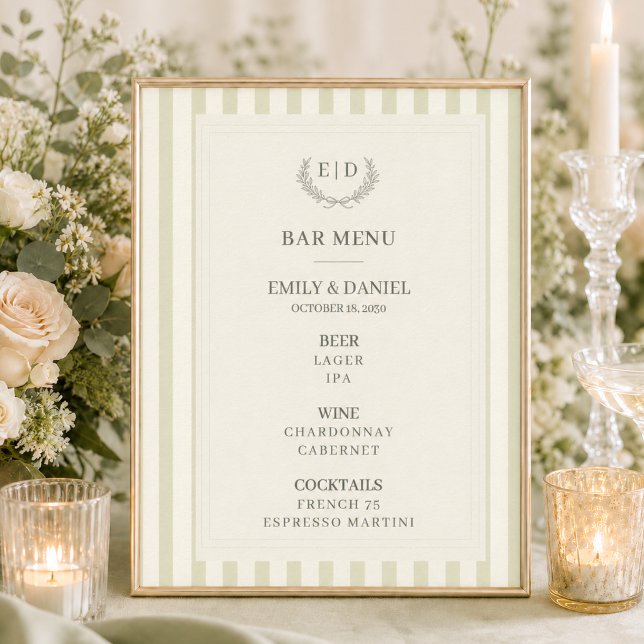 Bar Menu Sage Green Striped Monogram Wedding Poster (Creator Uploaded)
