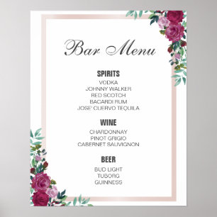 BAR MENU sign   burgundy floral   wedding bar