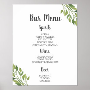 BAR MENU sign   greenery botanical wedding bar