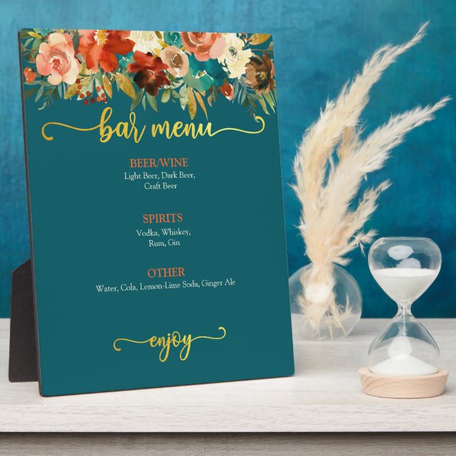Bar Menu Sign - Teal & Orange Floral Plaque (Side)