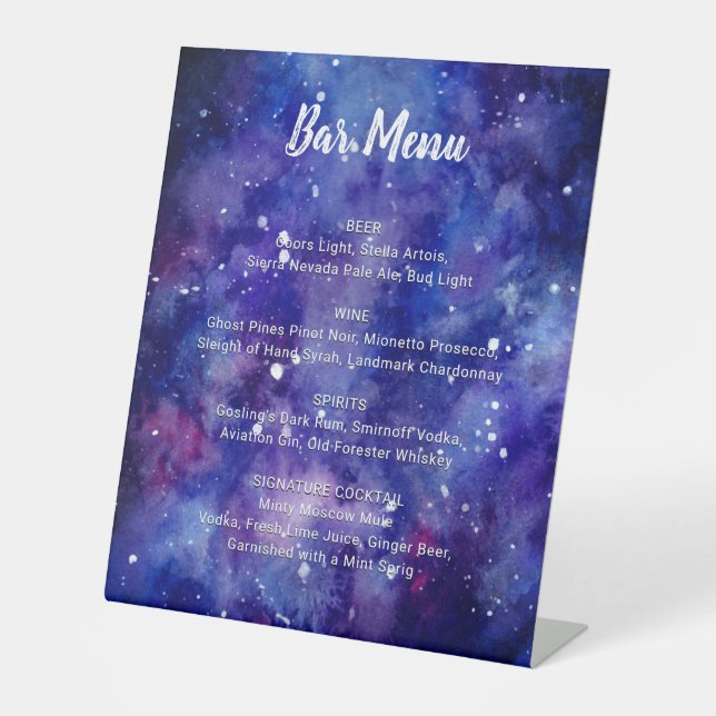 Bar Menu Watercolor Galaxy Starry Night Wedding Pedestal Sign (Front)