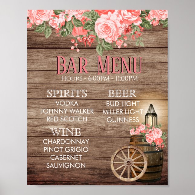 Bar Menu -  Weathered Wood Barrel - Coral Poster (Front)