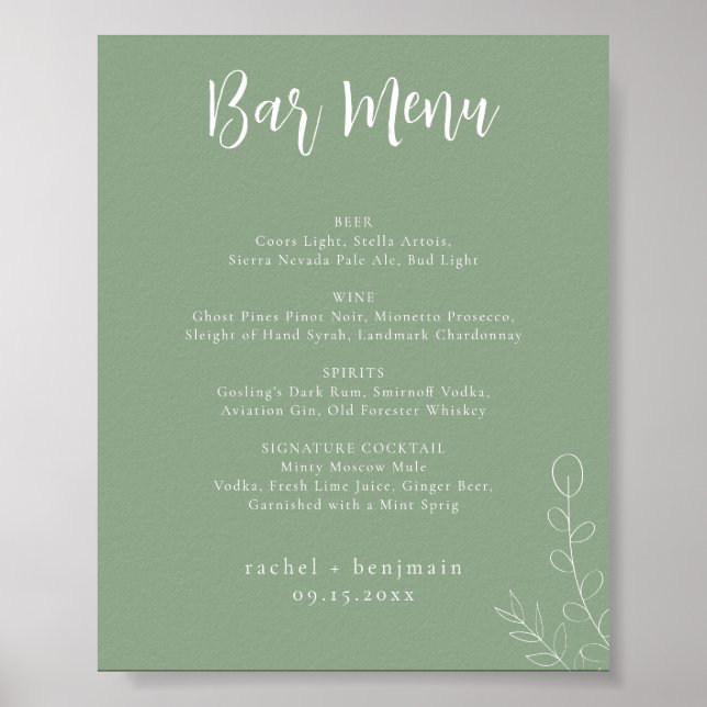 Bar Menu Wedding Sage Green Botanical Minimal Poster (Front)