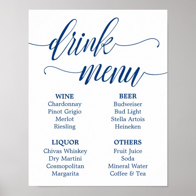 Bar Menu  Wedding Sign Navy Blue Calligraphy (Front)