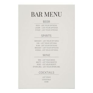 ‘Bar Menu’ Wedding Sign Warm Ivory
