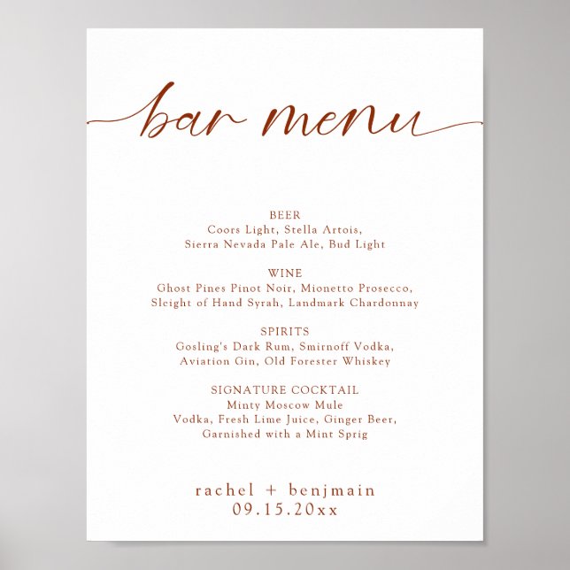 Bar Menu Wedding Terracotta Rust Fall Minimal Poster (Front)