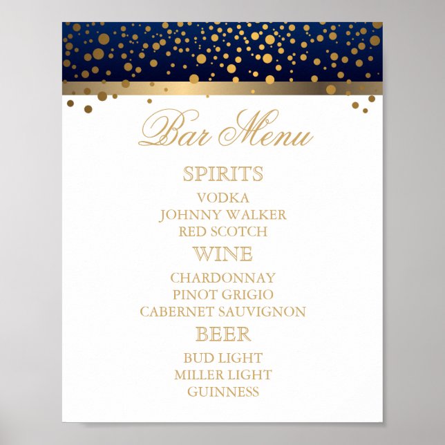 Bar Menu - White and Navy Blue with Gold Confetti Poster (Front)