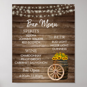 Bar Menu - Wood Barrel with Sunflowers Poster