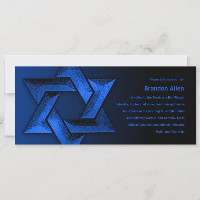 Bar Mitzvah Black and Blue Star of David Invitation (Front)