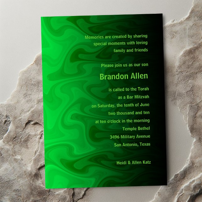 Bar Mitzvah Black and Green Waves Invitation (Creator Uploaded)