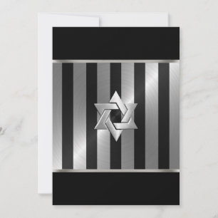 Bar Mitzvah Black and Silver Stripe Star of David Invitation