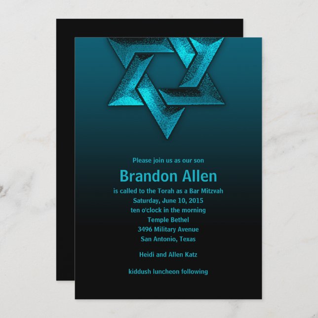 Bar Mitzvah Black and Teal Star of David Invitation (Front/Back)