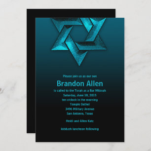 Bar Mitzvah Black and Teal Star of David Invitation
