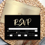 Bar Mitzvah Black Gold Foil Script Bold Entrée RSVP Card<br><div class="desc">Be proud, rejoice and showcase this milestone of your favourite Bar Mitzvah! Include this stunning, modern, personalised RSVP insert card for your event. Graphic faux gold foil calligraphy script overlays a rich, dramatic, black background. Personalise the custom text with the “reply by” date. Personalise the custom text with the “reply...</div>