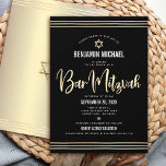Bar Mitzvah Black Gold Foil Script Bold Modern Invitation<br><div class="desc">Be proud, rejoice and showcase this milestone of your favourite Bar Mitzvah! Send out this stunning, modern, sophisticated, personalised invitation for an event to remember. Graphic faux gold foil calligraphy script, Star of David, and hand drawn tallit lines, overlay a rich, dramatic, black background. A faux gold Star of David...</div>