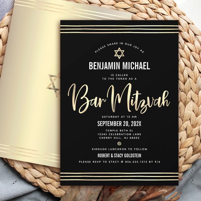 Bar Mitzvah Black Gold Foil Script Bold Modern Invitation (Creator Uploaded)
