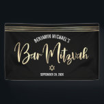 Bar Mitzvah Black Gold Foil Script Tallit Modern Banner<br><div class="desc">Be proud, rejoice and showcase this milestone of your favourite Bar Mitzvah! Hang up this cool, unique, modern, personalised banner to add to his special day. Sparkly, gold faux foil calligraphy script, hand drawn tallit lines and Star of David overlay a sophisticated, dramatic black background. Personalise the custom text with...</div>